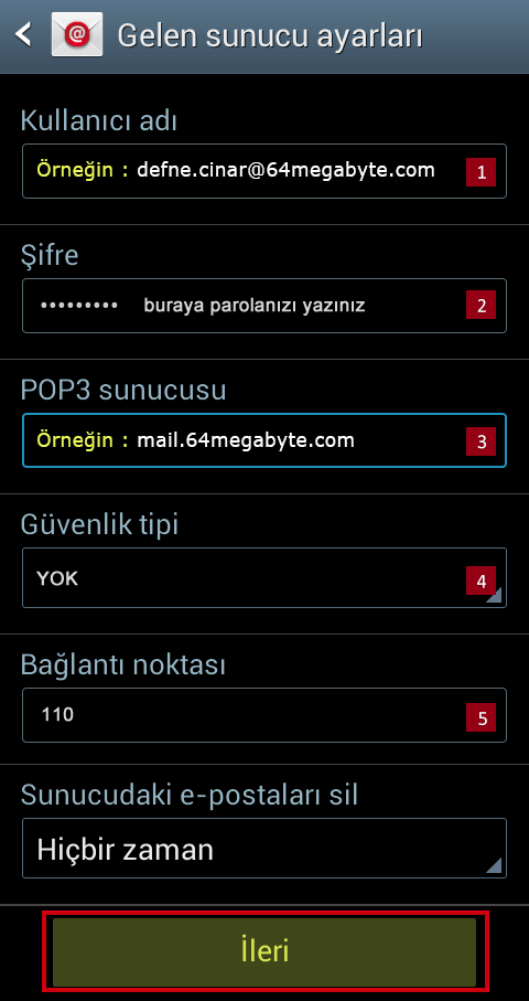 Android E-Posta Kurulumu Adım 4