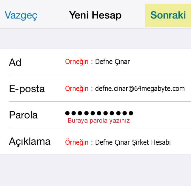 iOS E-Posta Kurulumu Adım 6