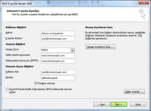 Outlook 2007 E-Posta Kurulumu Adım 10
